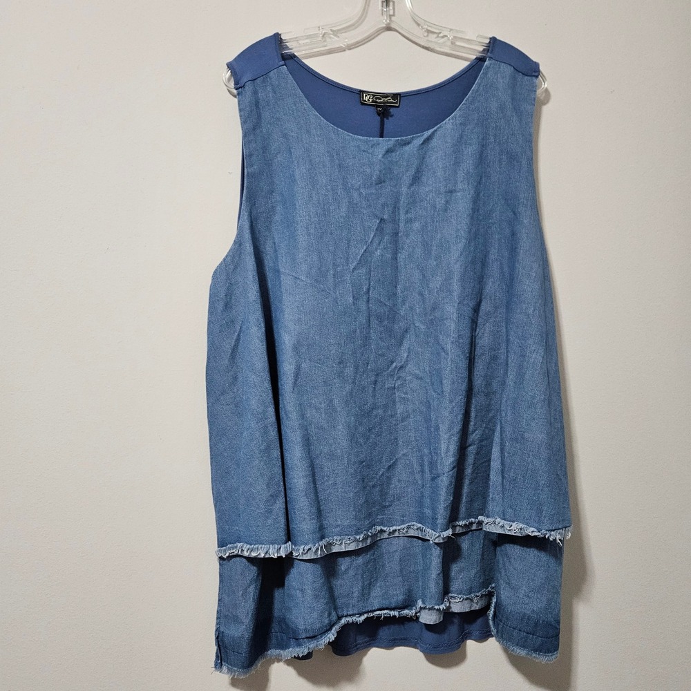 DG2 Diane Gilman Womens‎ 3X Blue Denim Mixed Media Tiered Frayed Hem Tank Top
